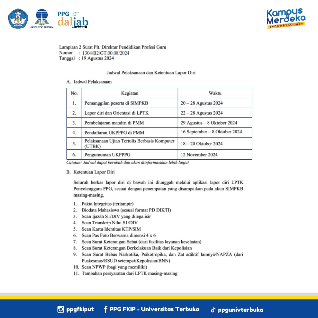 Mekanisme dan Ketentuan Lapor Diri Piloting Pendidikan Profesi Guru (PPG) bagi Guru Tertentu (Dalam Jabatan) Tahap 2 Tahun 2024 di Universitas Terbuka