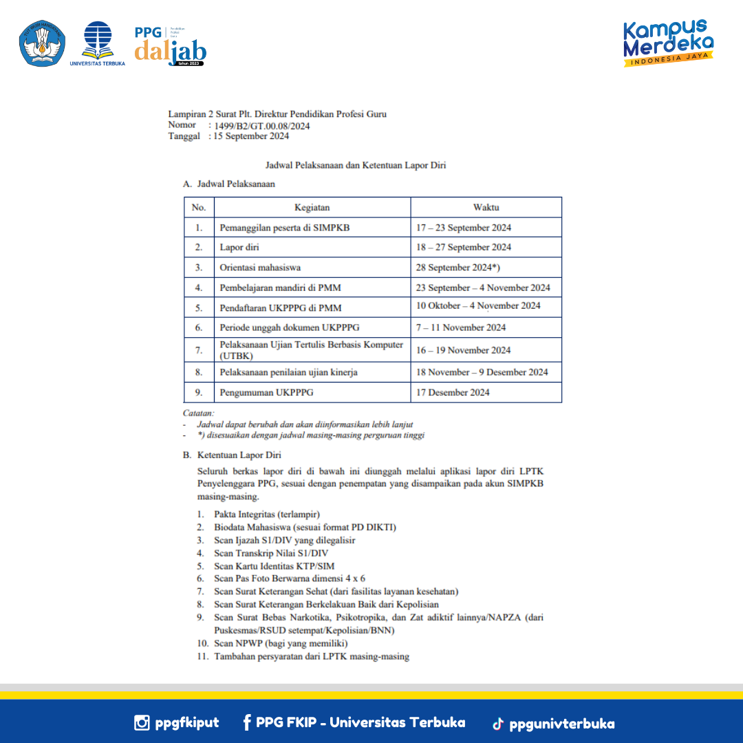 Mekanisme dan Ketentuan Lapor Diri Piloting Pendidikan Profesi Guru (PPG) bagi Guru Tertentu (Dalam Jabatan) Tahap 3 Tahun 2024 di Universitas Terbuka