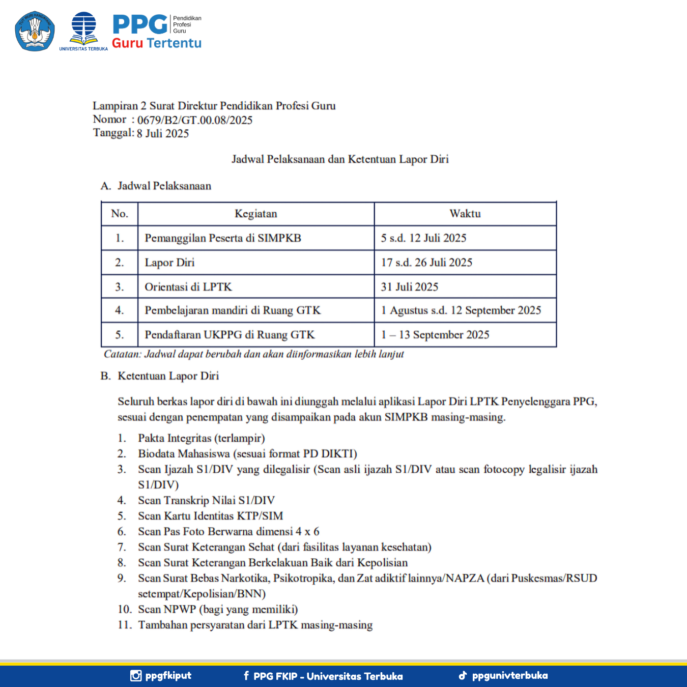 Mekanisme dan Ketentuan Lapor Diri Pendidikan Profesi Guru (PPG) bagi Guru Tertentu (Dalam Jabatan) Tahap 2 Tahun 2025 Universitas Terbuka