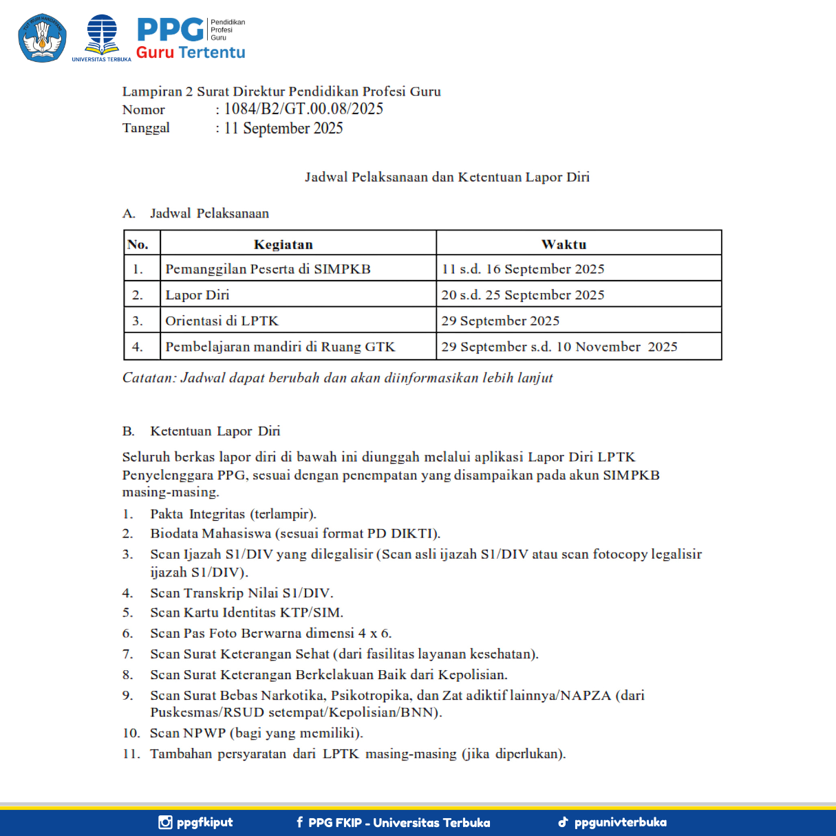  Mekanisme dan Ketentuan Lapor Diri Pendidikan Profesi Guru (PPG) bagi Guru Tertentu (Dalam Jabatan) Tahap 3 Tahun 2025 di Universitas Terbuka